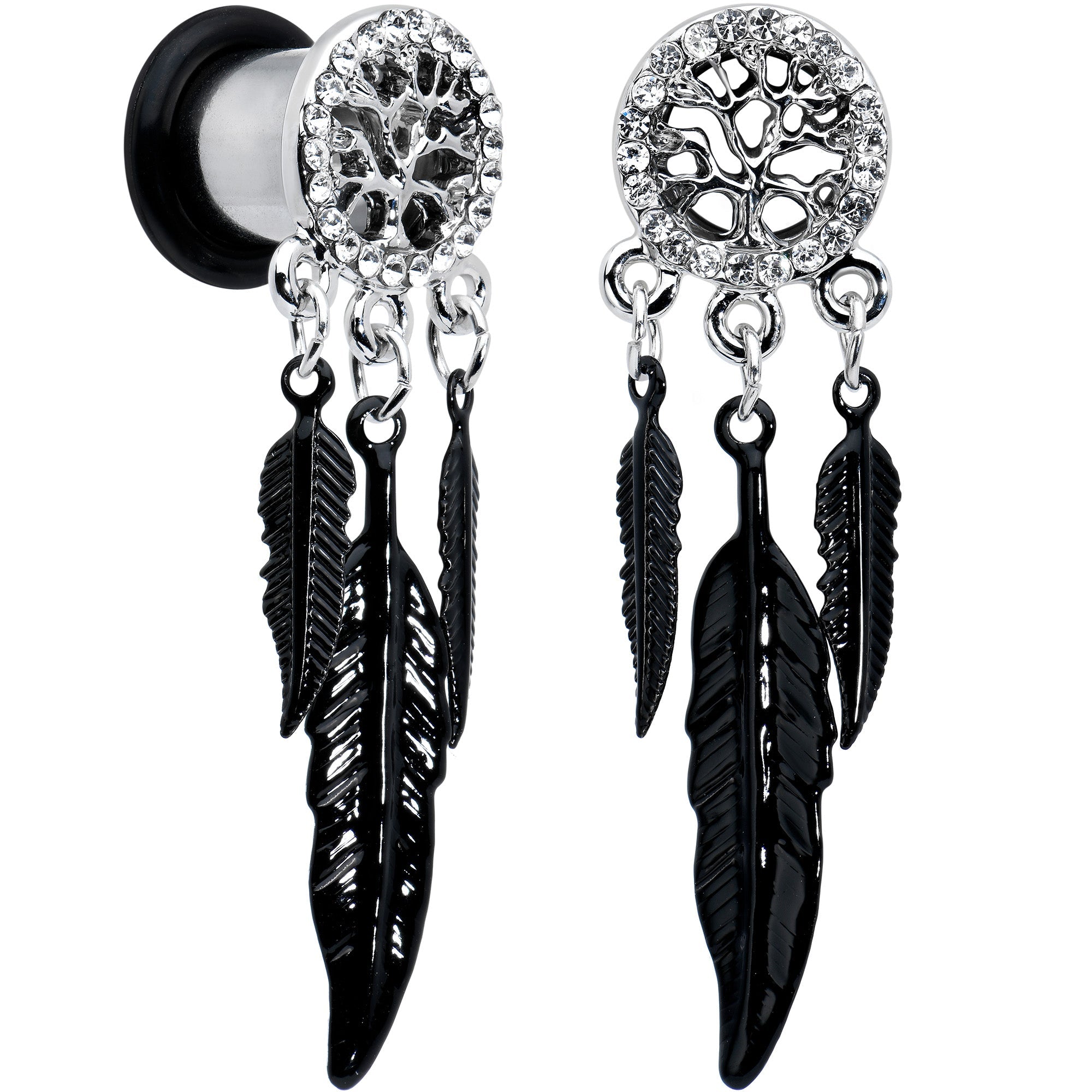 0G Clear Gem Steel Single Flare Tree of Life Dangle Plug Set