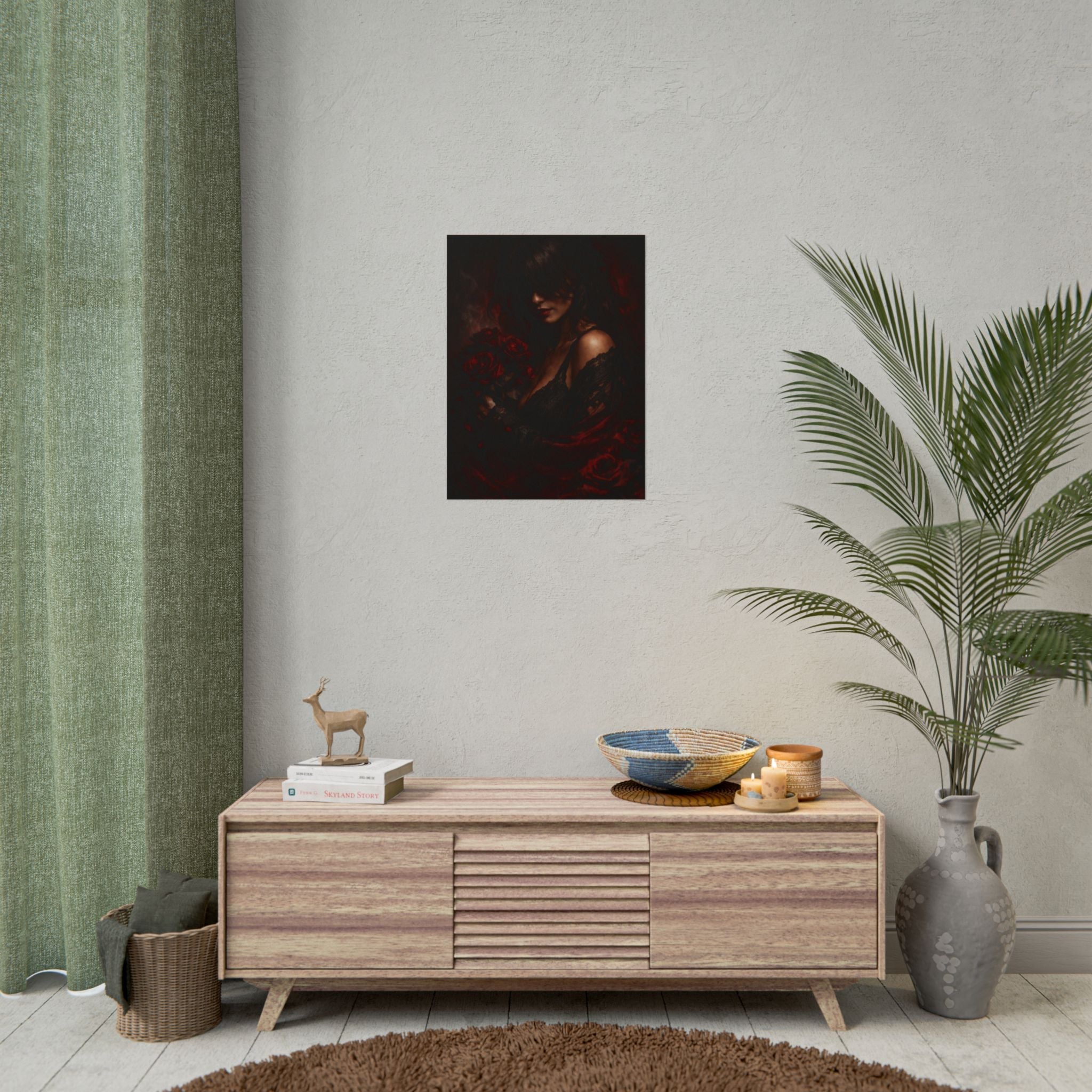 Dark Romantic Art Poster — Gothic Woman with Red Roses, Moody Wall Art
