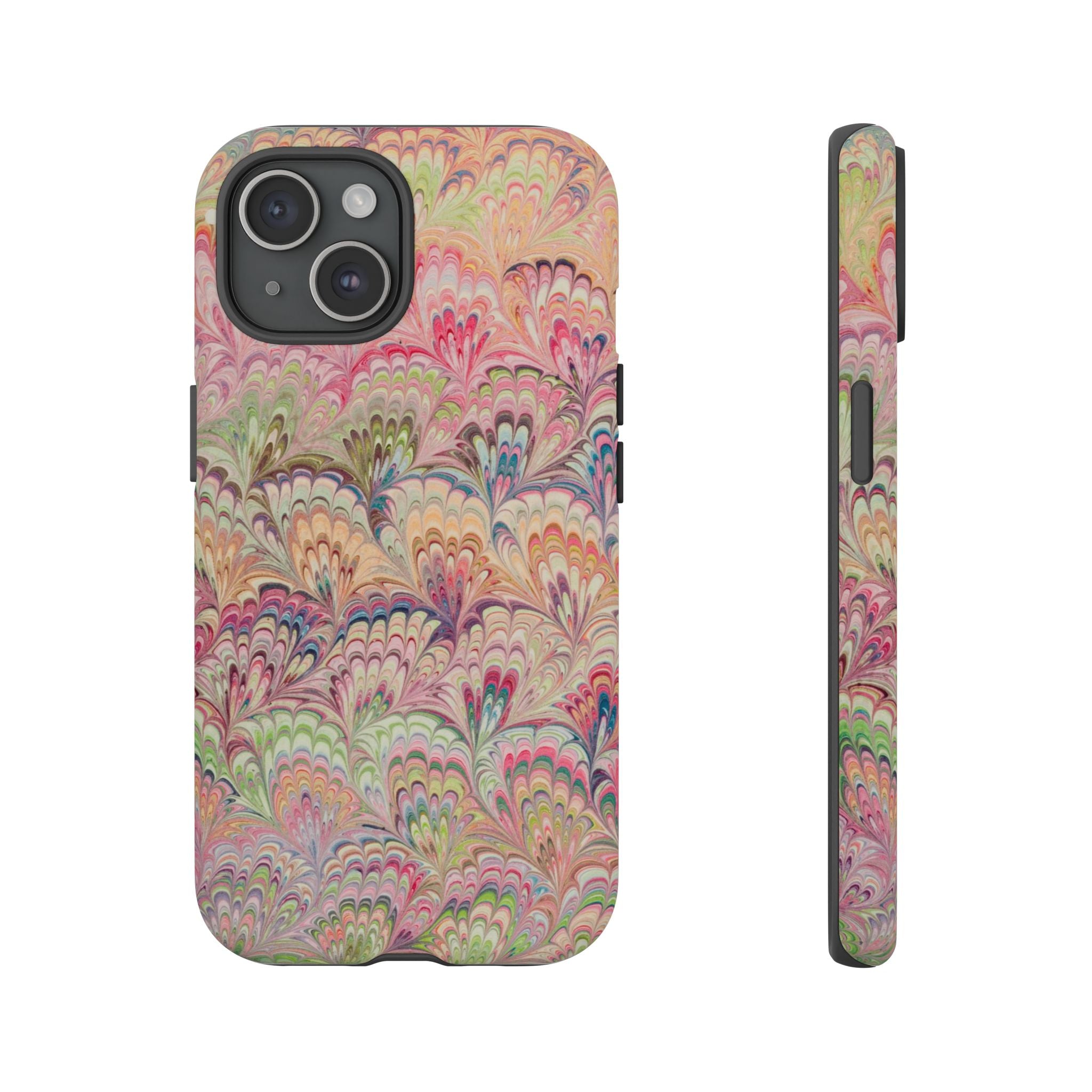 Pastel Pink + Green Feather Marbled Phone Case - Dual Layer Phone Cover
