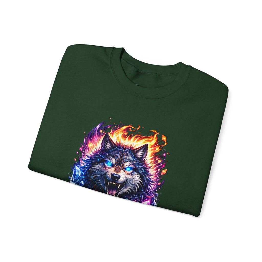 Cosmic Wolf Crewneck Sweatshirt — Neon Fire & Ice Wolf Graphic