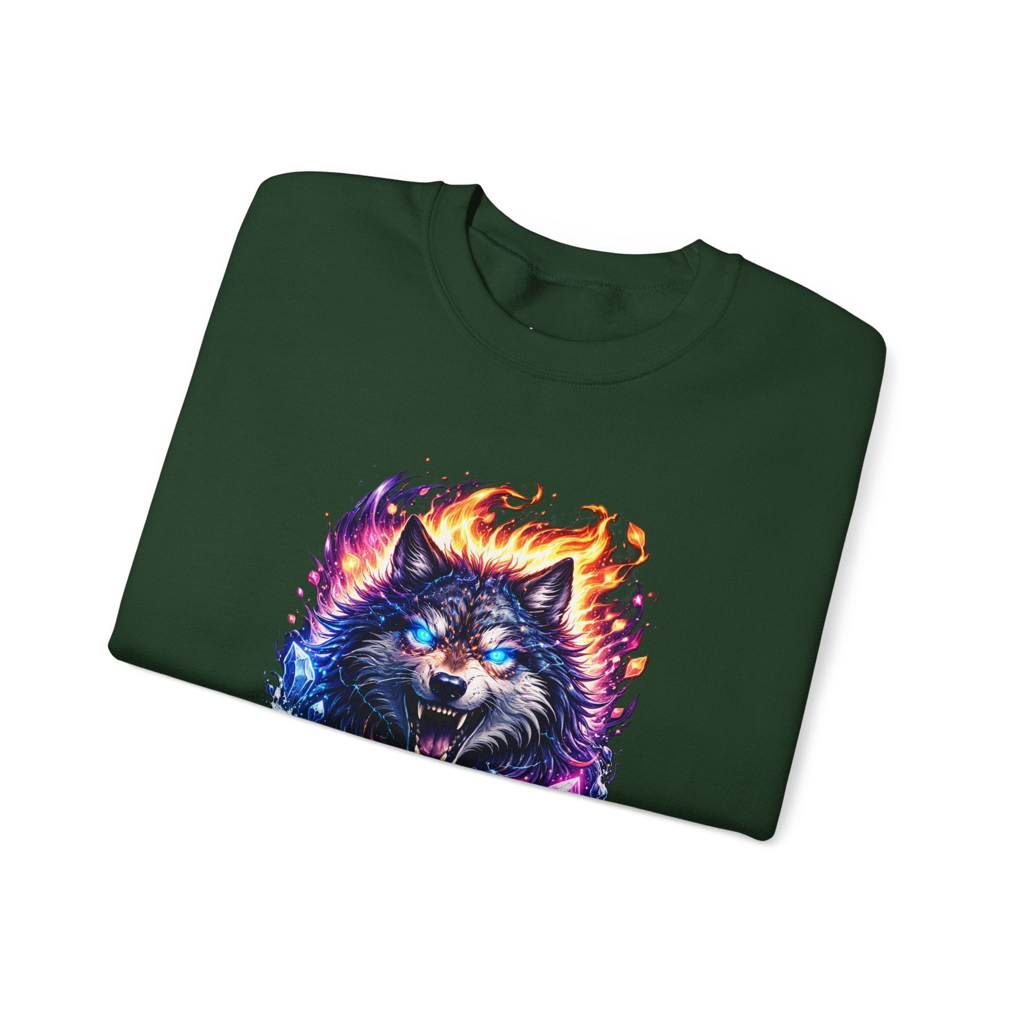 Cosmic Wolf Crewneck Sweatshirt — Neon Fire & Ice Wolf Graphic