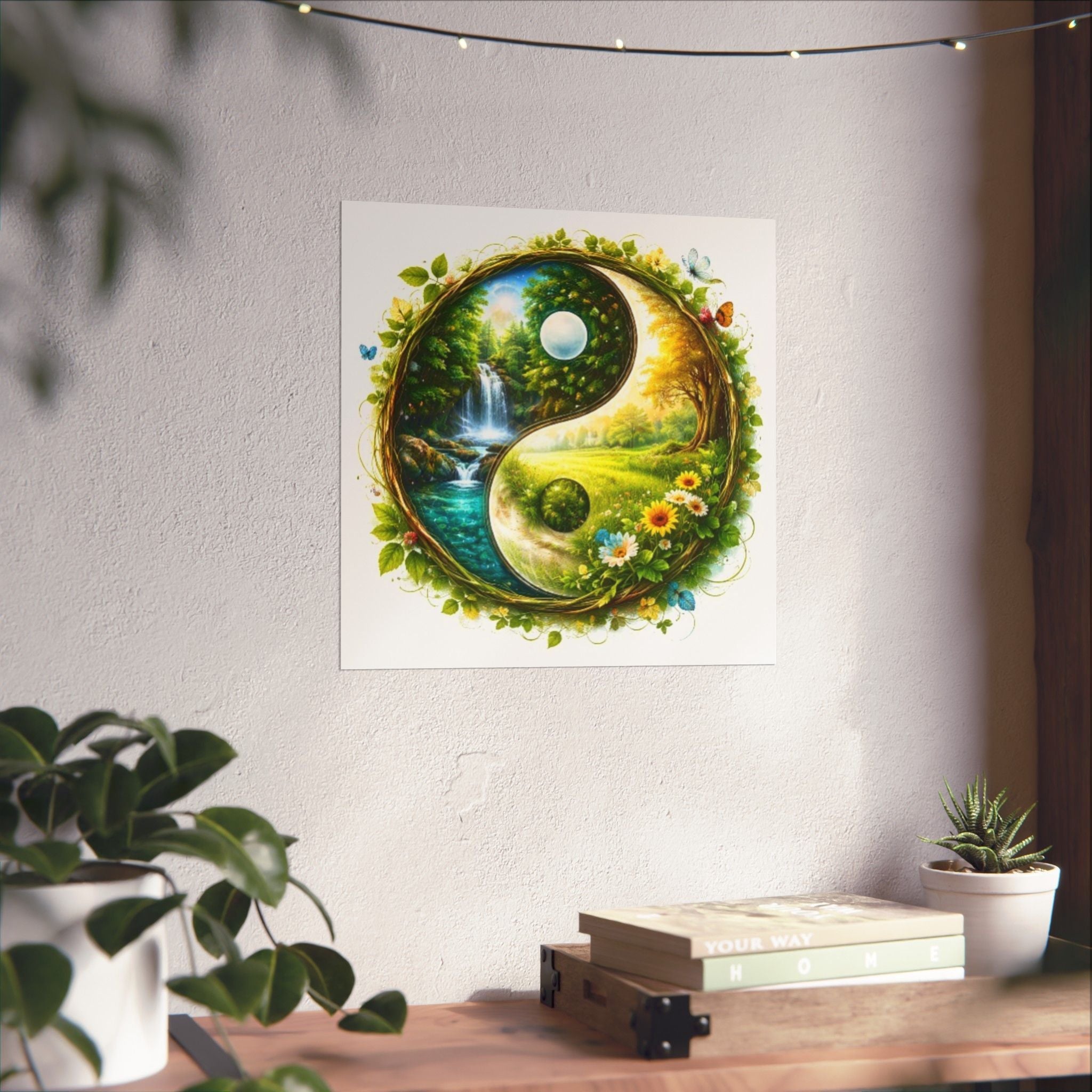 Yin Yang Nature Poster — Scenic Waterfall & Meadow Matte Vertical Print
