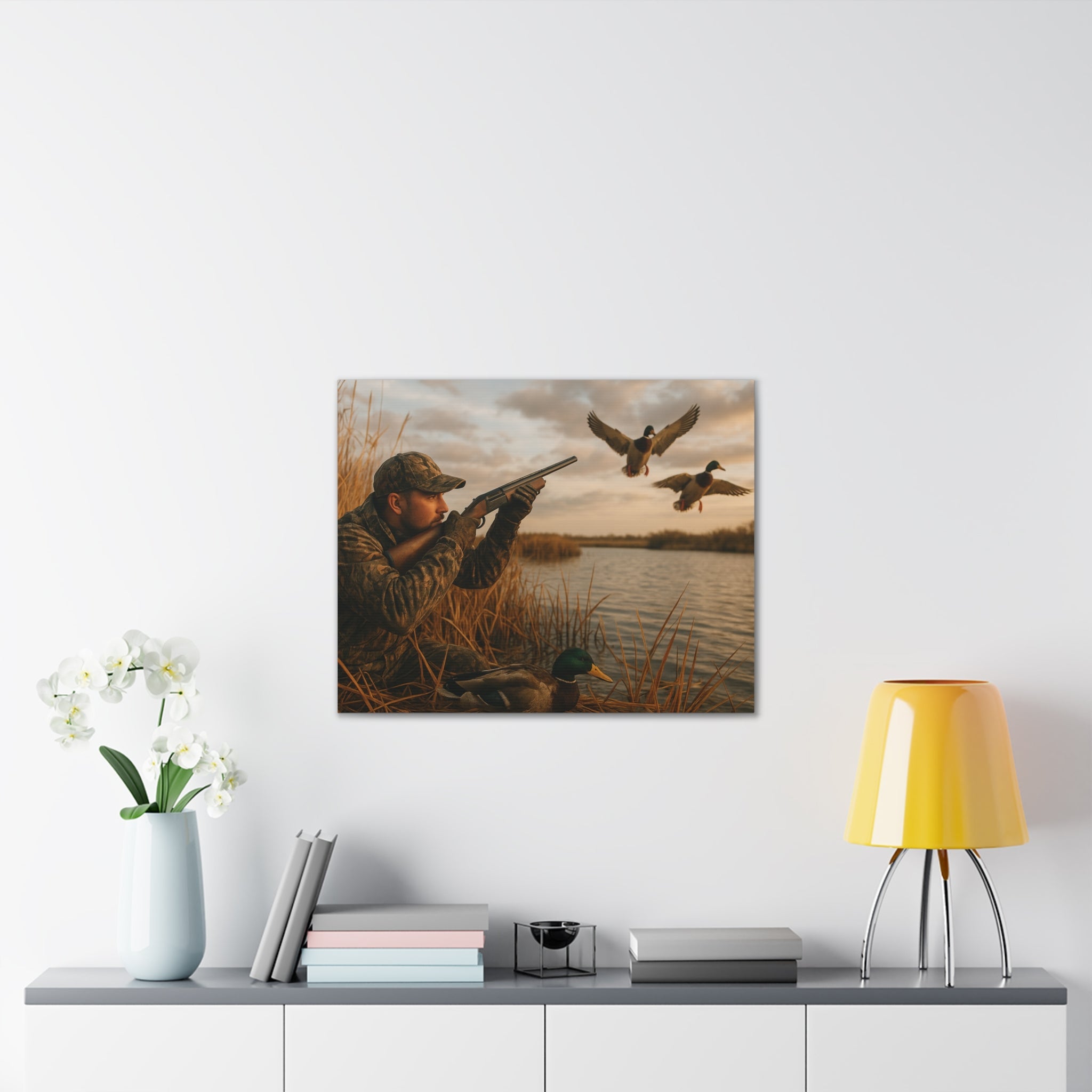 Duck Hunting Canvas Print — Waterfowl Blind Scene Stretched Wall Art