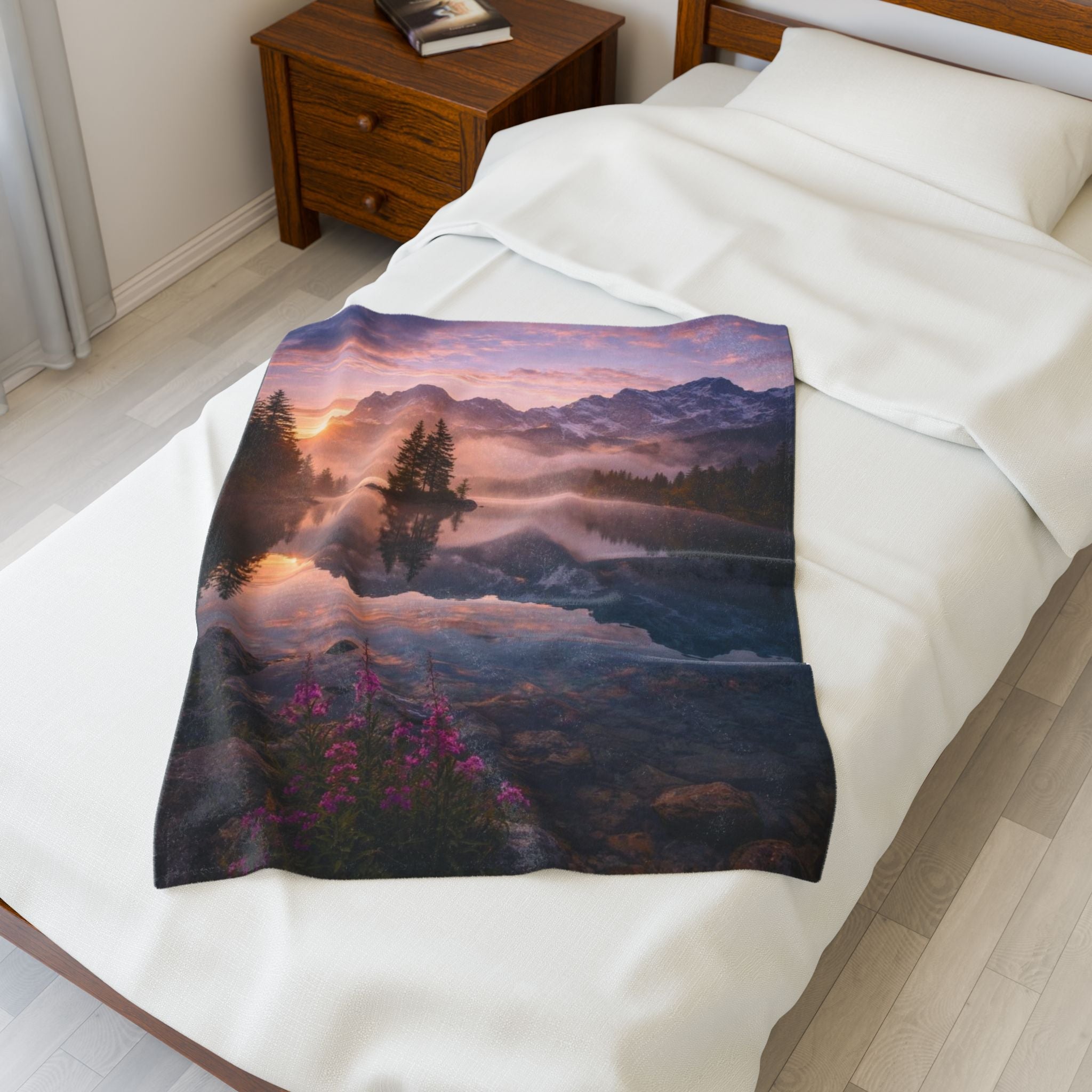 Mountain Lake Sunset Velveteen Plush Blanket — Cozy Nature Scenery Throw