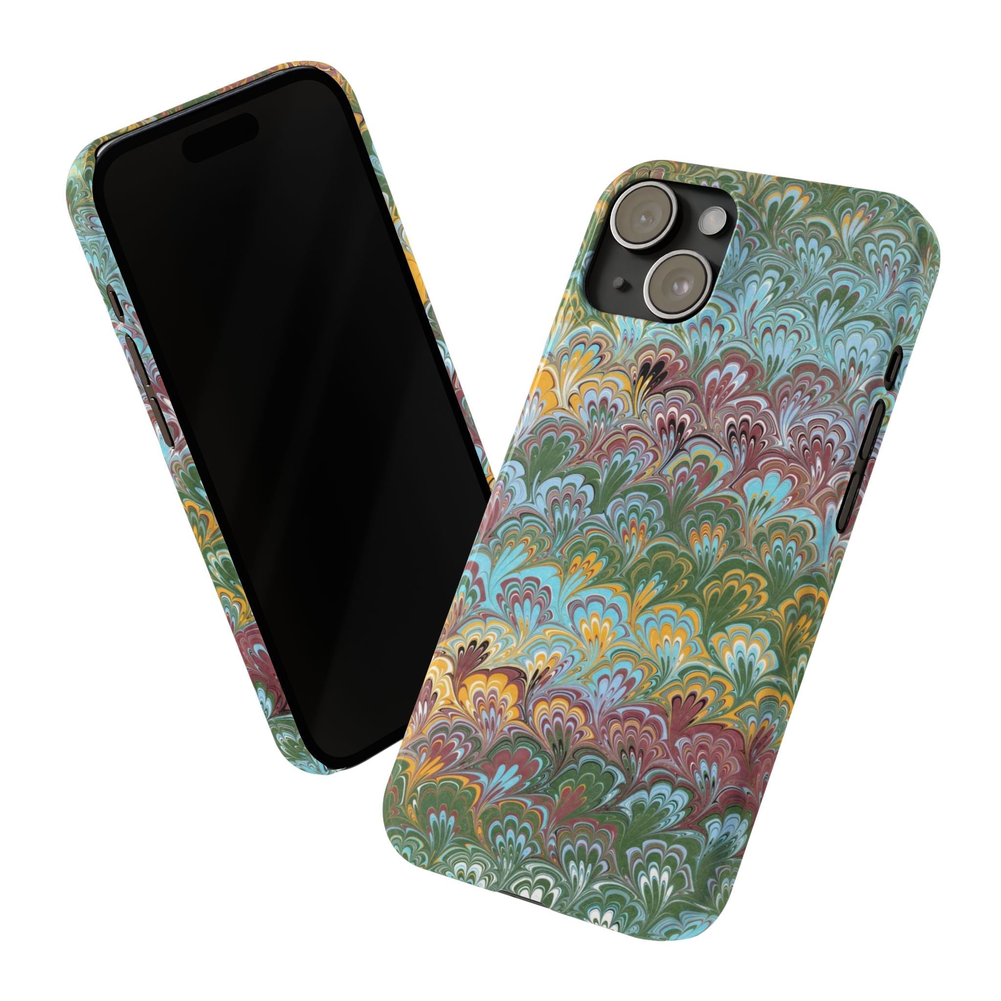 Phone Case with Design from Italy - Marbled "Peacock" Design, Green, Blue, Multi-Color Slim Phone Cases