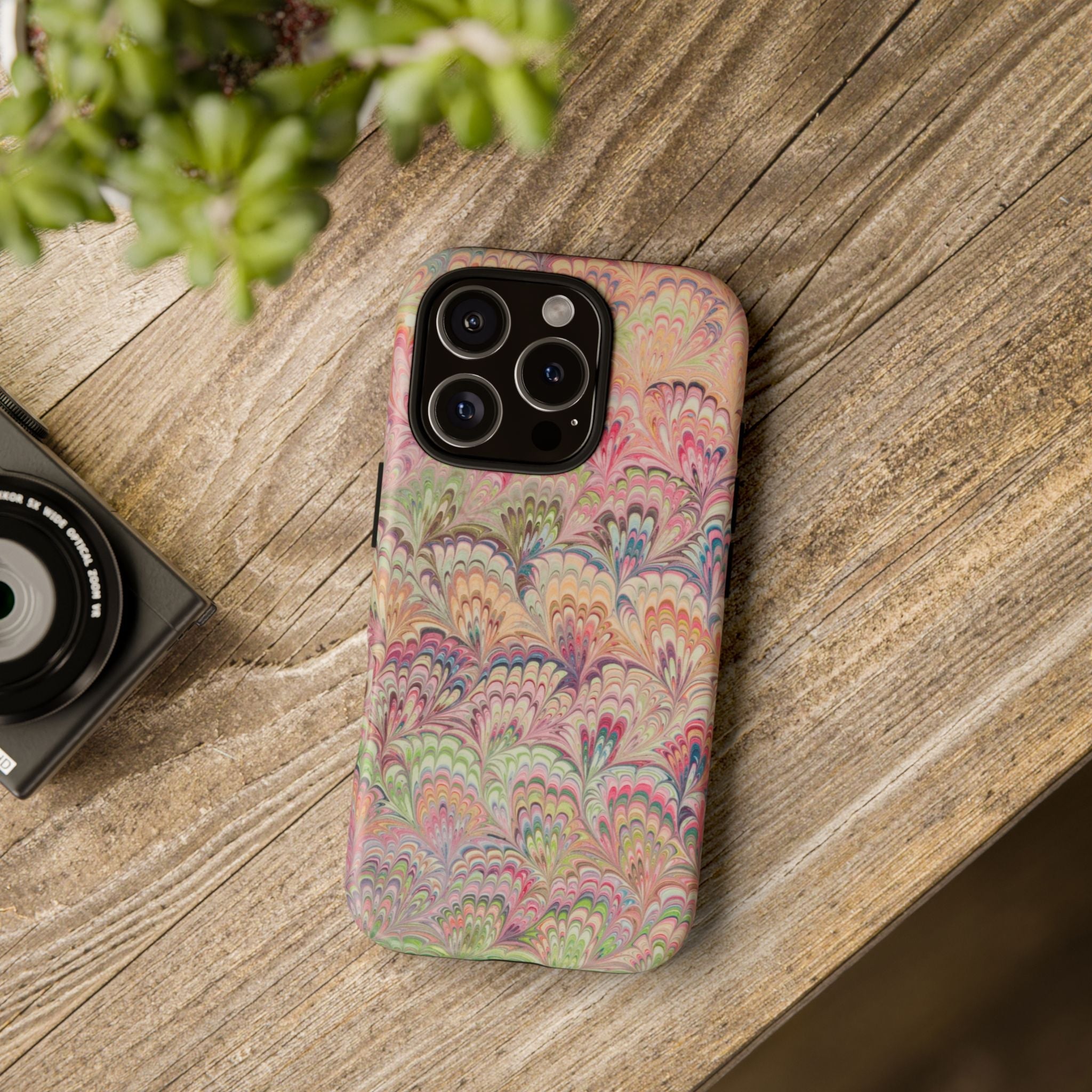 Pastel Pink + Green Feather Marbled Phone Case - Dual Layer Phone Cover