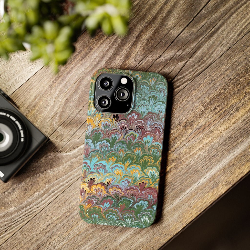 Phone Case with Design from Italy - Marbled "Peacock" Design, Green, Blue, Multi-Color Slim Phone Cases