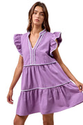 Womens Casual Babydoll Dress Flutter Sleeve Tiered Mini Purple V Neck White Trim Summer Ruffle Detail