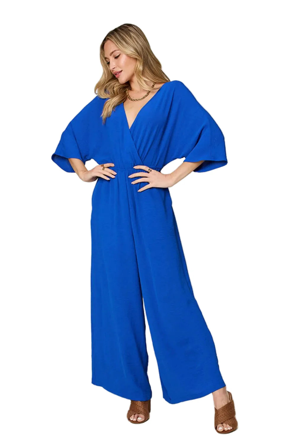 Garden Naked Womens Jumpsuit Elegant Kimono-Sleeve Jumpsuit With Pockets Royal Blue Soft Crepe Fabric Wide