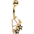 Gold Anodized Black and White Butterfly and Flower Belly Ring