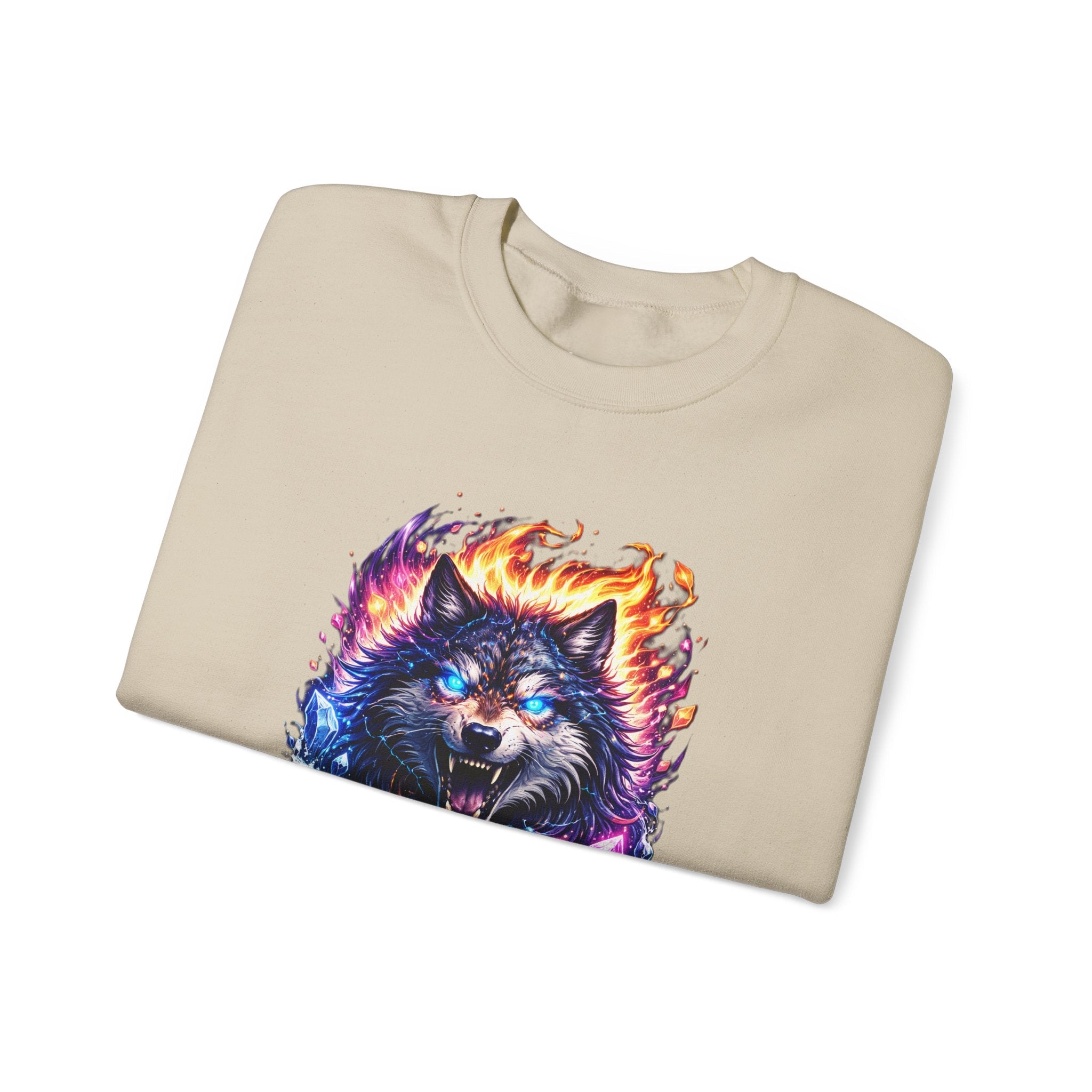 Cosmic Wolf Crewneck Sweatshirt — Neon Fire & Ice Wolf Graphic