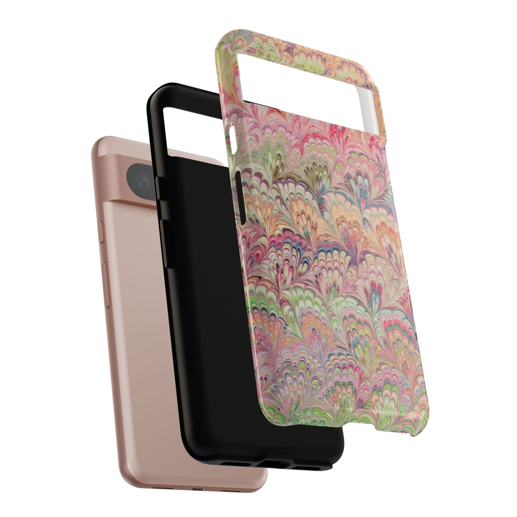 Pastel Pink + Green Feather Marbled Phone Case - Dual Layer Phone Cover