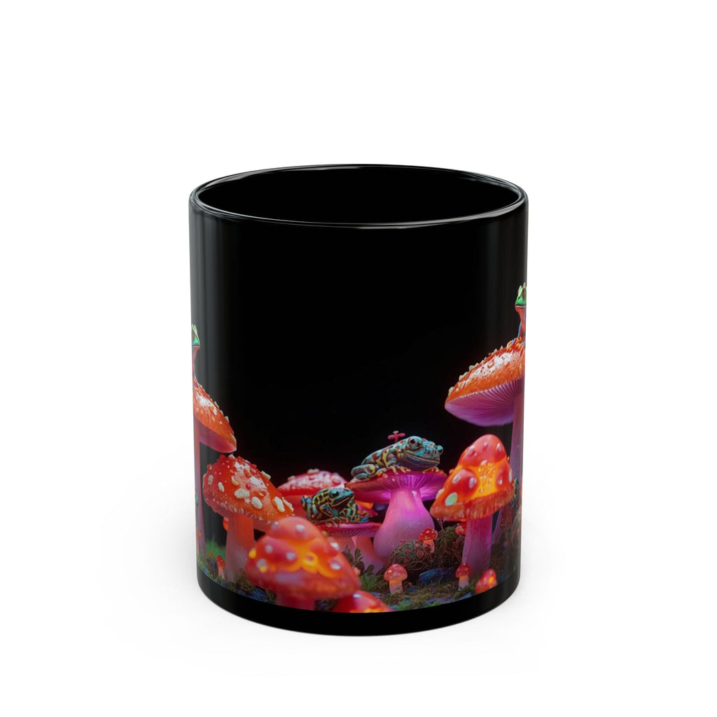 Psychedelic Mushroom & Frog Black Coffee Mug — Vibrant Fantasy 11oz/15oz