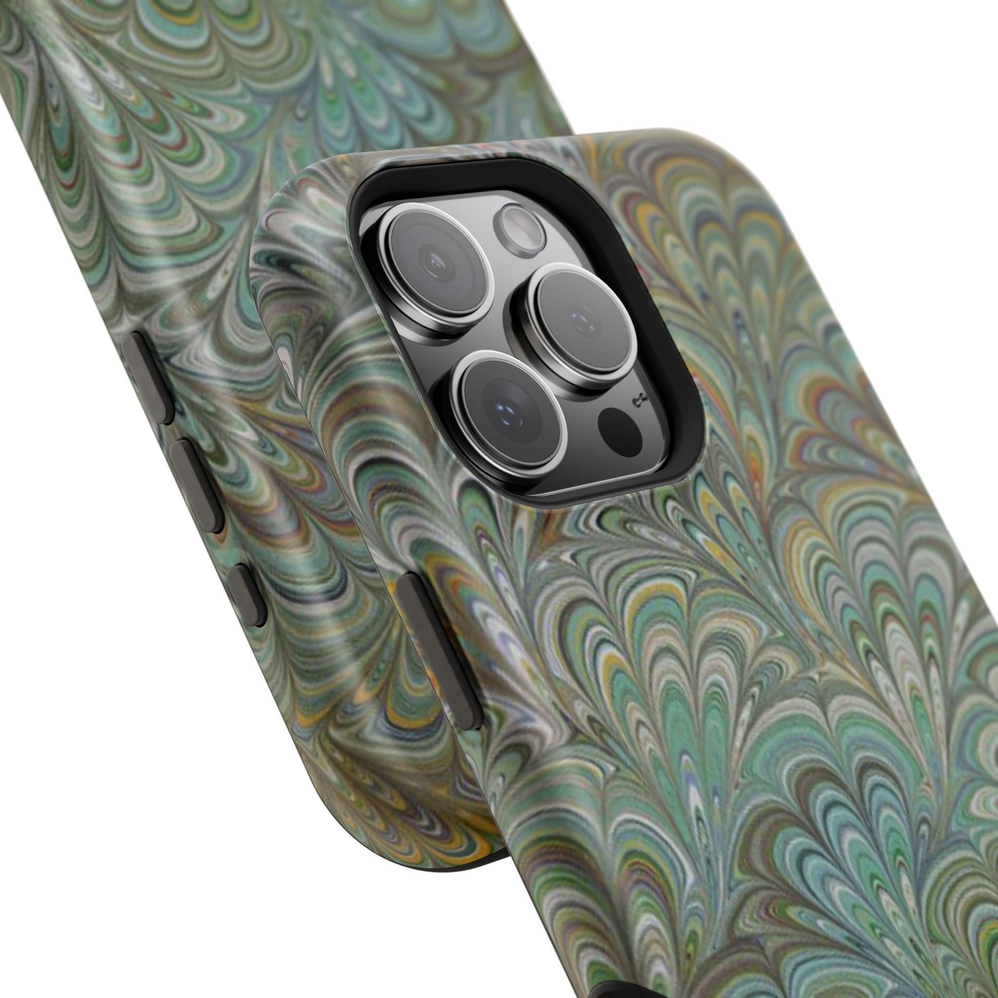 iPhone17 + All Models Phone Cases, Italian Peacock Feather Design, Stylish Impact-Resistant Shell, Protective Cover, Green Peacock Print