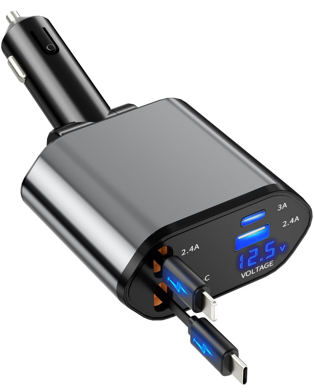 4-in-1 Retractable Car Charger — Fast Charging USB-C & USB-A for iPhone 16/15/14, Samsung Galaxy & Pixel