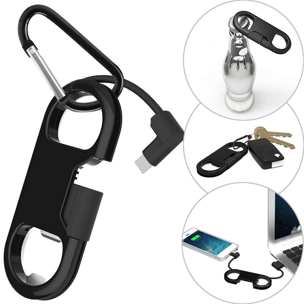iPhone Lightning Keychain Charging Cable — Carabiner Bottle Opener Short Cable Gift, Black