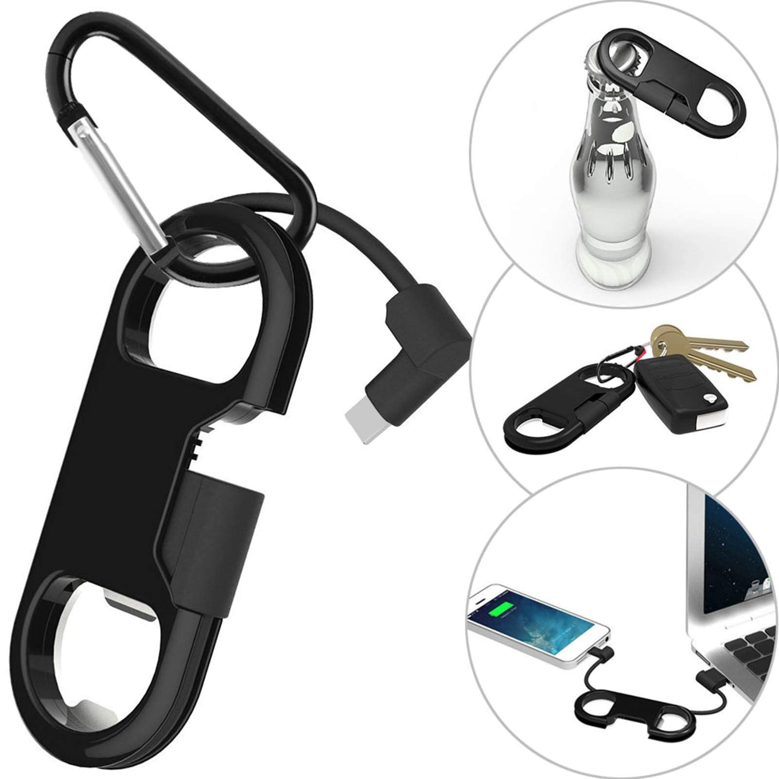 iPhone Lightning Keychain Charging Cable — Carabiner Bottle Opener Short Cable Gift, Black