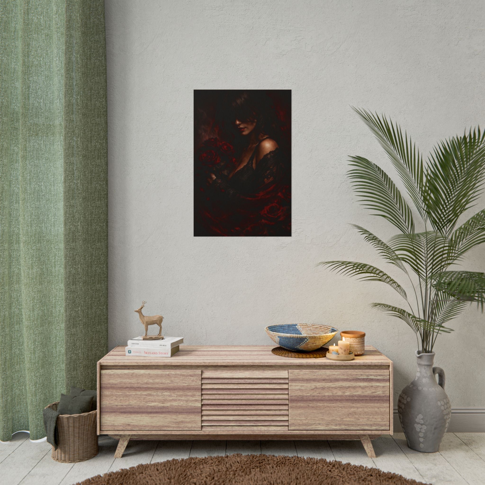 Dark Romantic Art Poster — Gothic Woman with Red Roses, Moody Wall Art