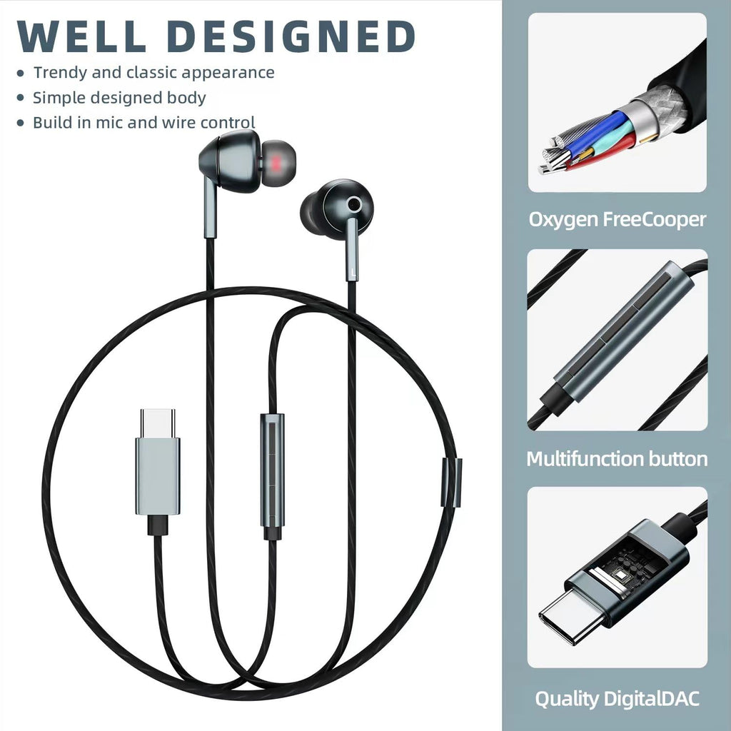 USB-C Wired Earbuds – Noise Canceling, Volume Control & Mic for iPhone 17/16/15, Samsung Galaxy S24/S23 & Pixel