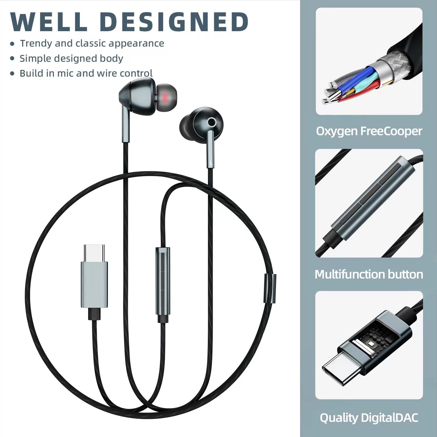 USB-C Wired Earbuds – Noise Canceling, Volume Control & Mic for iPhone 17/16/15, Samsung Galaxy S24/S23 & Pixel