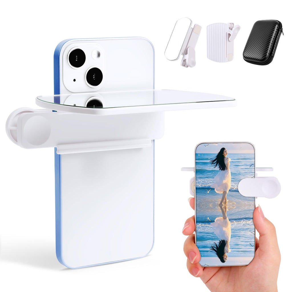 Phone Camera Mirror Reflection Clip — Clip-On Selfie Mirror for Back Camera, Scratch-Resistant Optical Glass, Instant Reflection Photography Accessory for All Smartphones, White