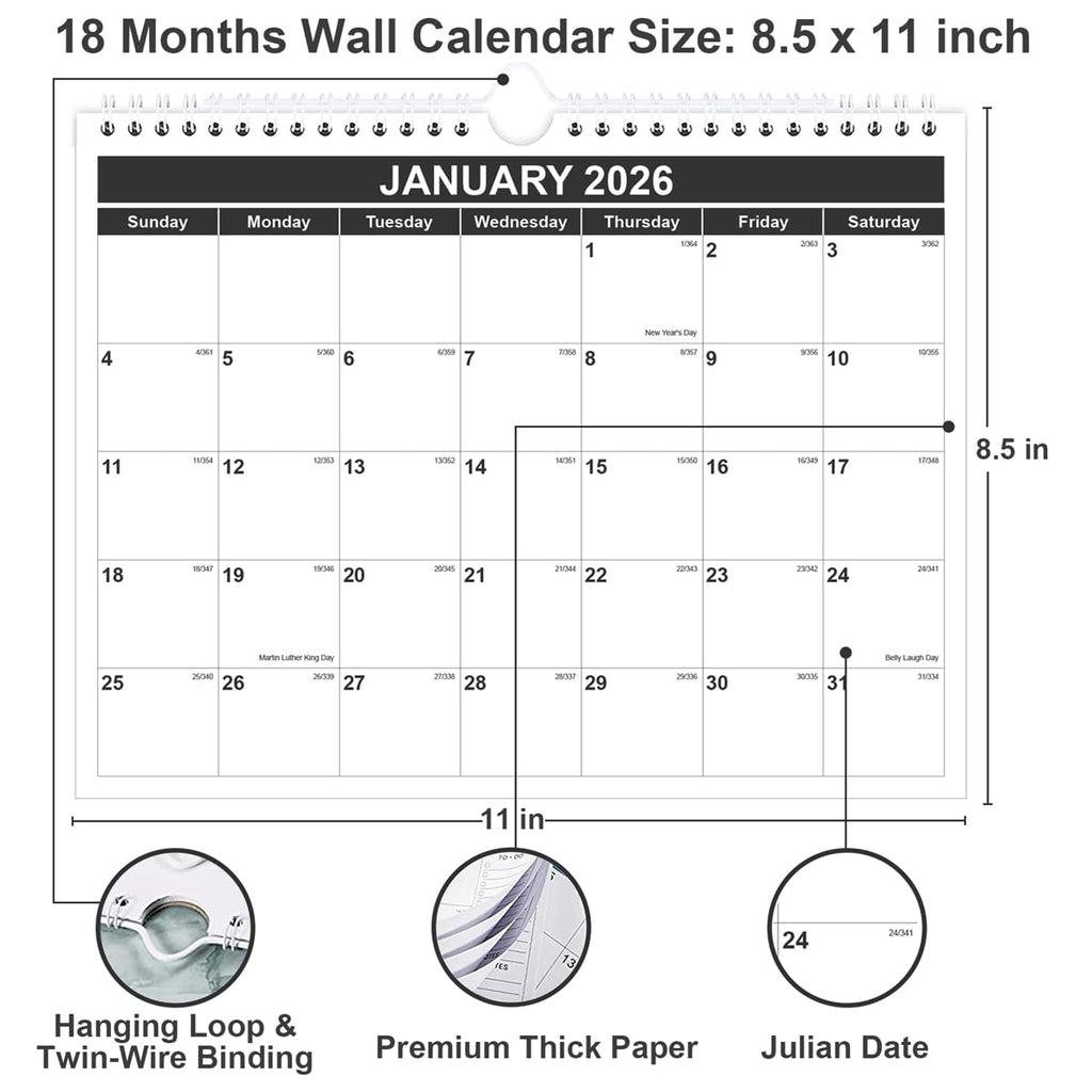 2026–2027 Monthly Wall Calendar (Jan 2026–Jun 2027) – 8.5” x 11” Spiral-Bound Hanging Planner for Home & Office – Black