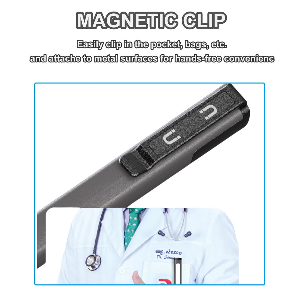 Rechargeable Pen Flashlight with COB Work Light — 6 Modes, LCD Display, USB-C Charge, Pocket LED, Grey