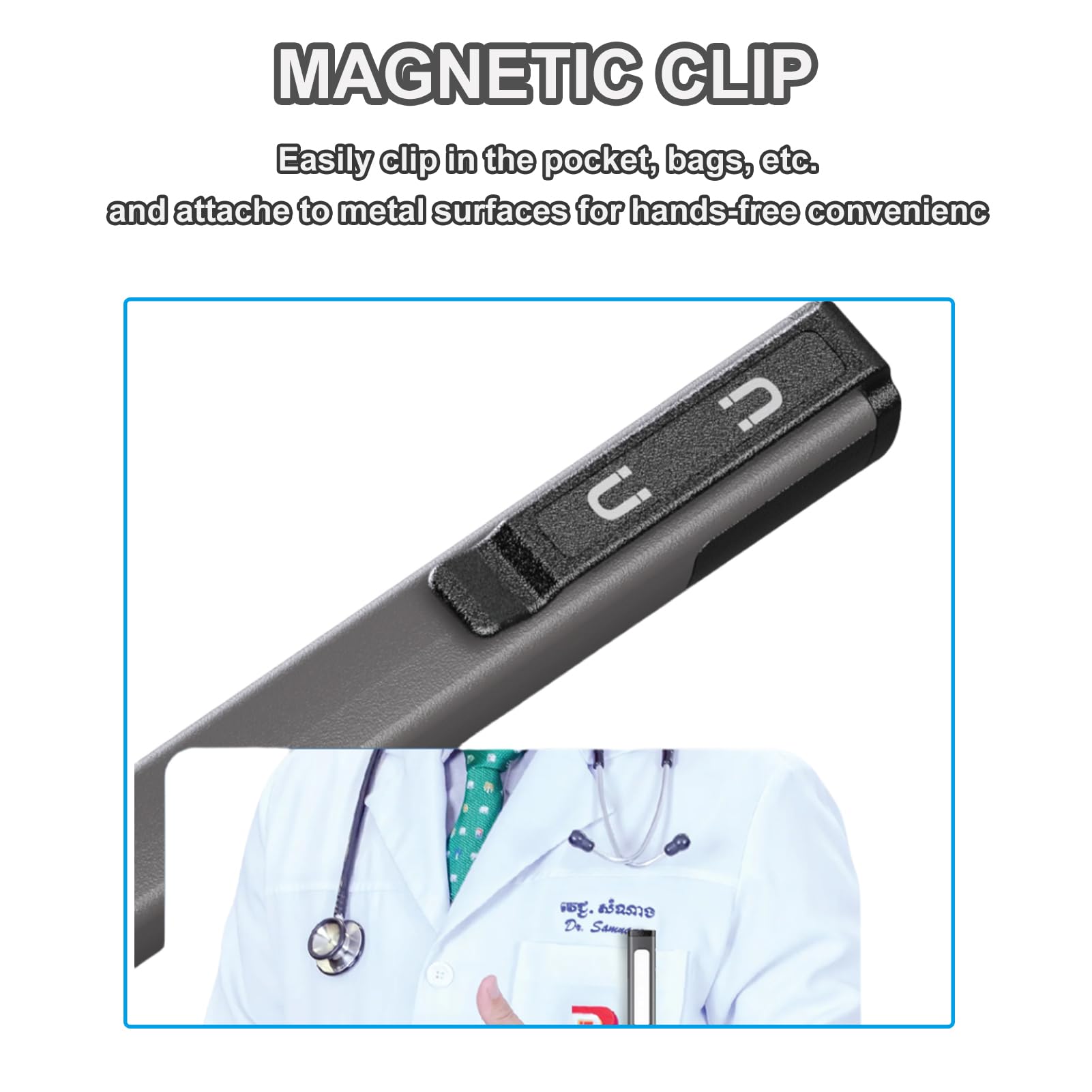 Rechargeable Pen Flashlight with COB Work Light — 6 Modes, LCD Display, USB-C Charge, Pocket LED, Grey
