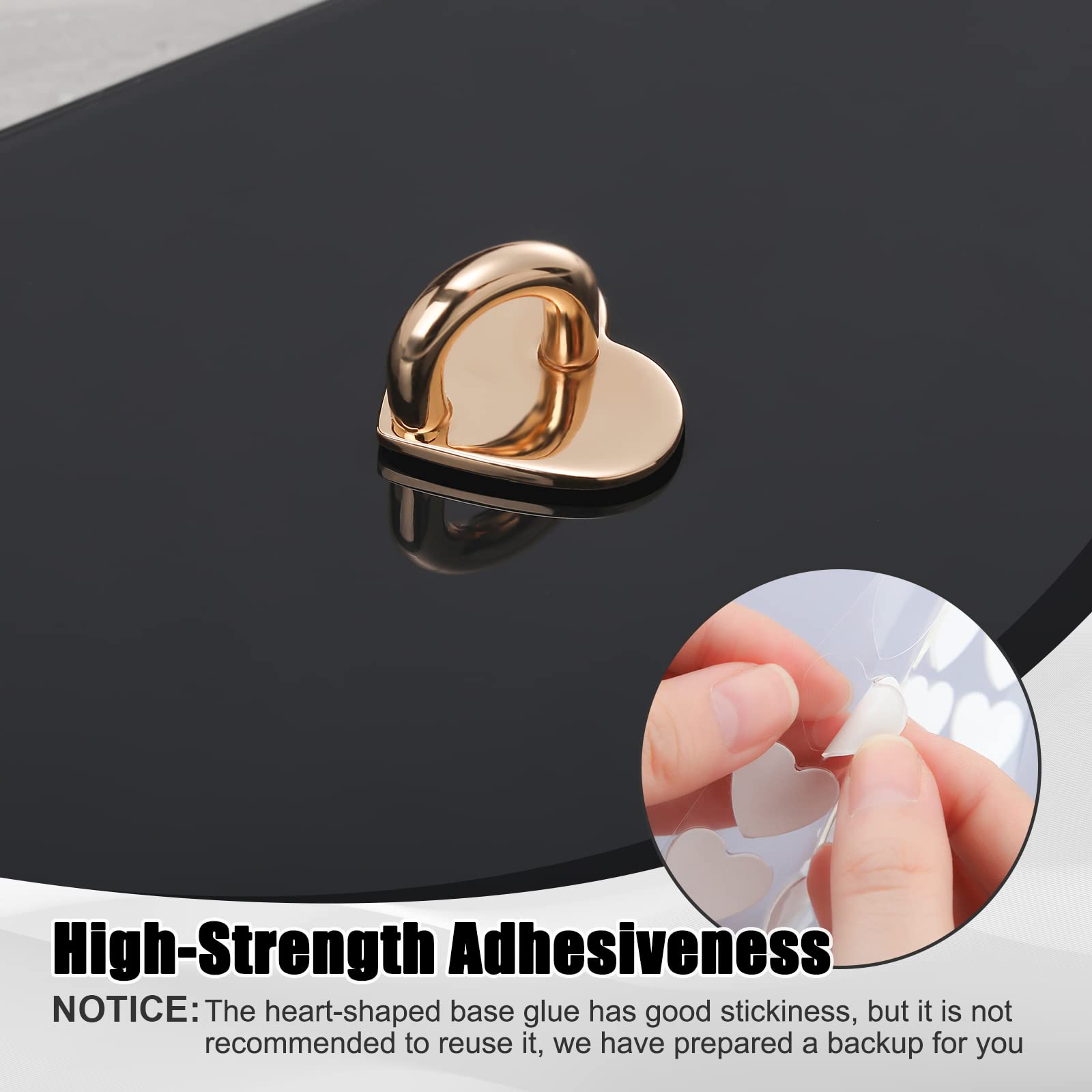 Metal Phone Finger Ring Grips 8 Pack — Adhesive Heart Hook Loop Stand for DIY Hanging, Gold Silver Rose Gold Black
