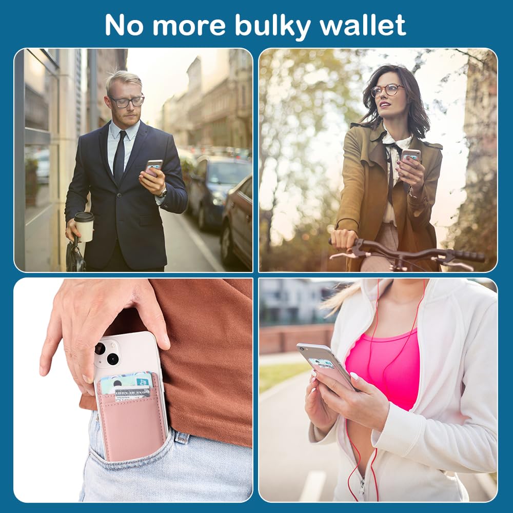 Phone Card Wallet 2 Pack — Stick-On Leather Credit Card Holder Pocket for Back of Phone, Universal iPhone & Android (Pink, Blue)
