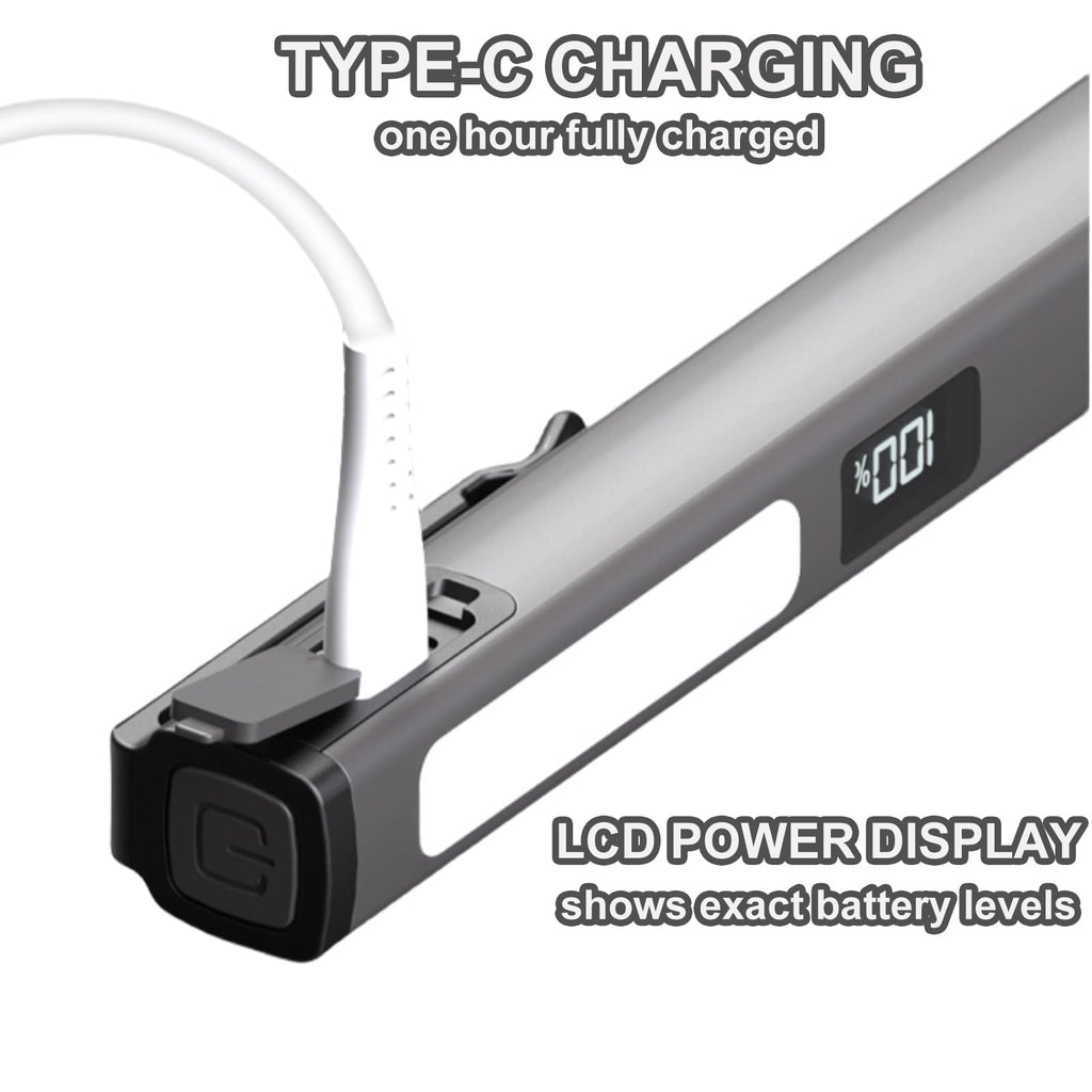 Rechargeable Pen Flashlight with COB Work Light — 6 Modes, LCD Display, USB-C Charge, Pocket LED, Grey
