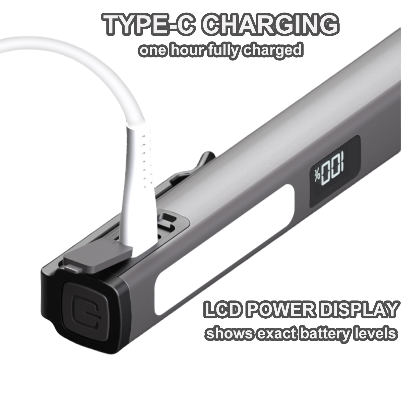 Rechargeable Pen Flashlight with COB Work Light — 6 Modes, LCD Display, USB-C Charge, Pocket LED, Grey