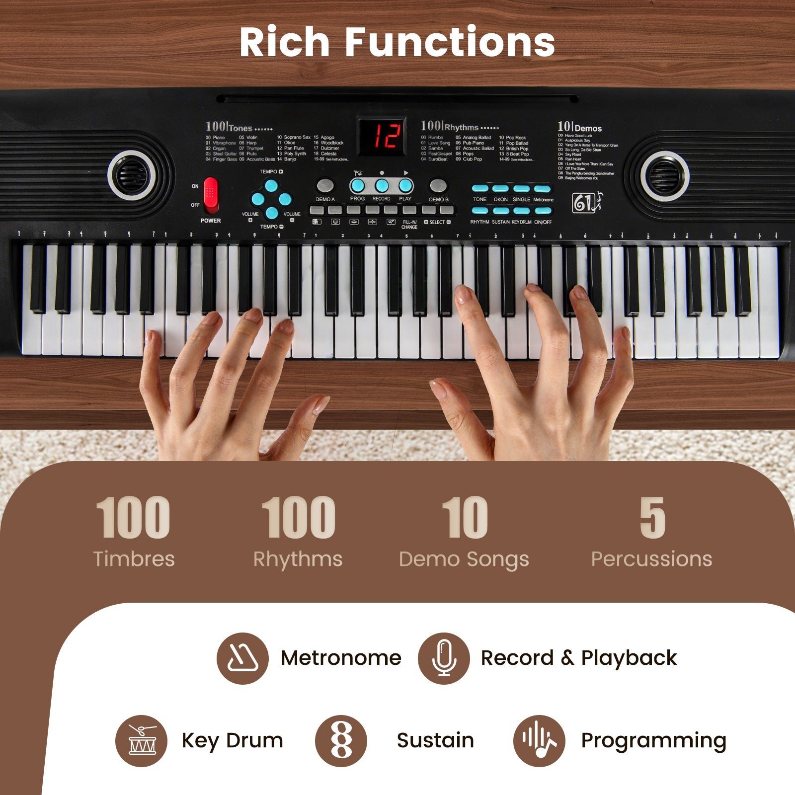61 Key Electric Portable Digital Keyboard Piano for Beginner-Black