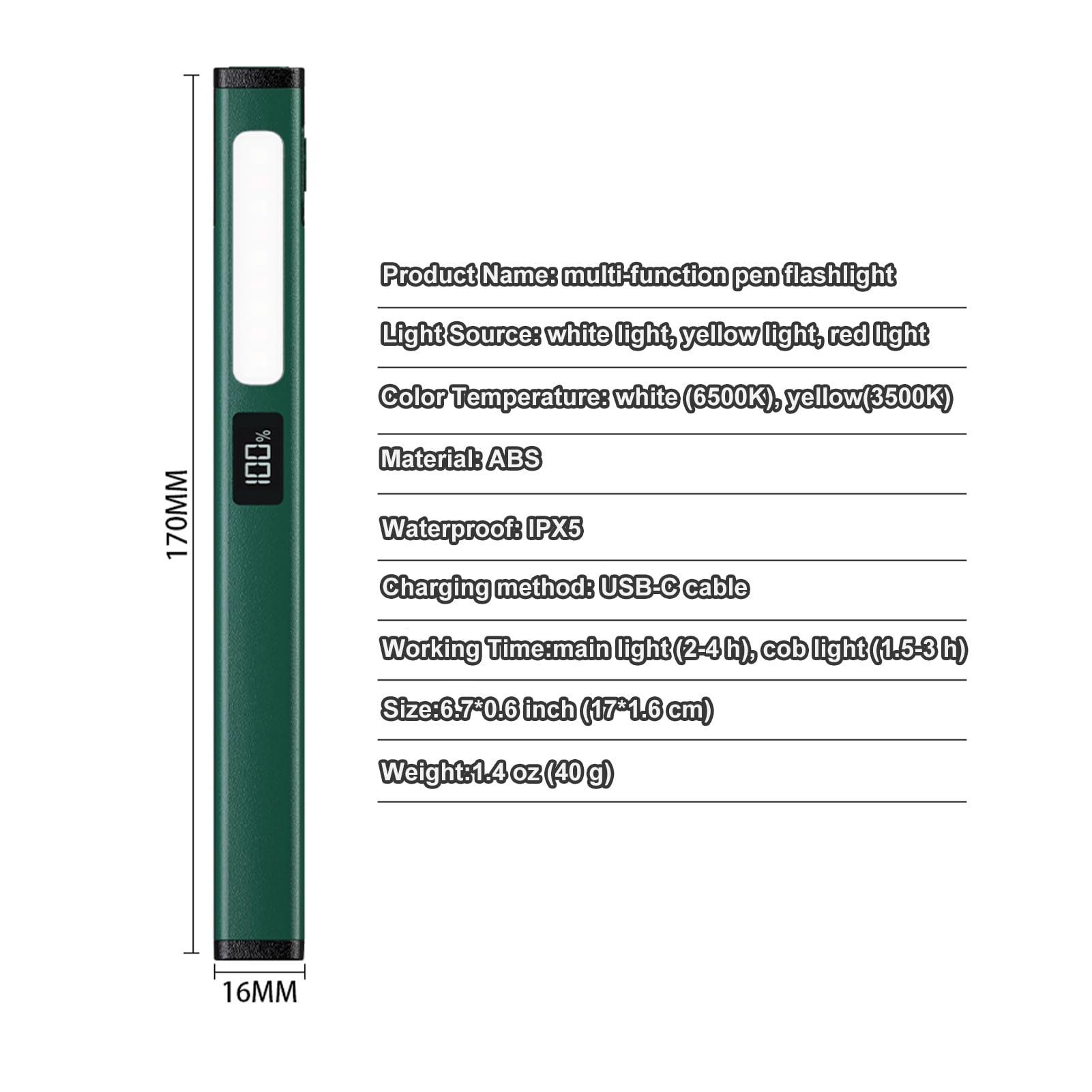 Rechargeable Pen Flashlight with COB Work Light — 6 Modes, LCD Display, USB-C Charge, Pocket LED, Grey