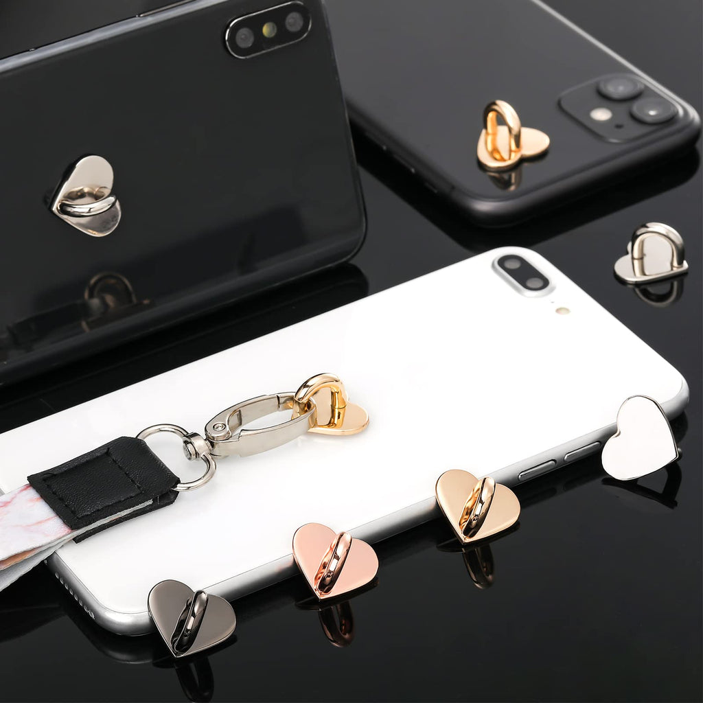 Metal Phone Finger Ring Grips 8 Pack — Adhesive Heart Hook Loop Stand for DIY Hanging, Gold Silver Rose Gold Black