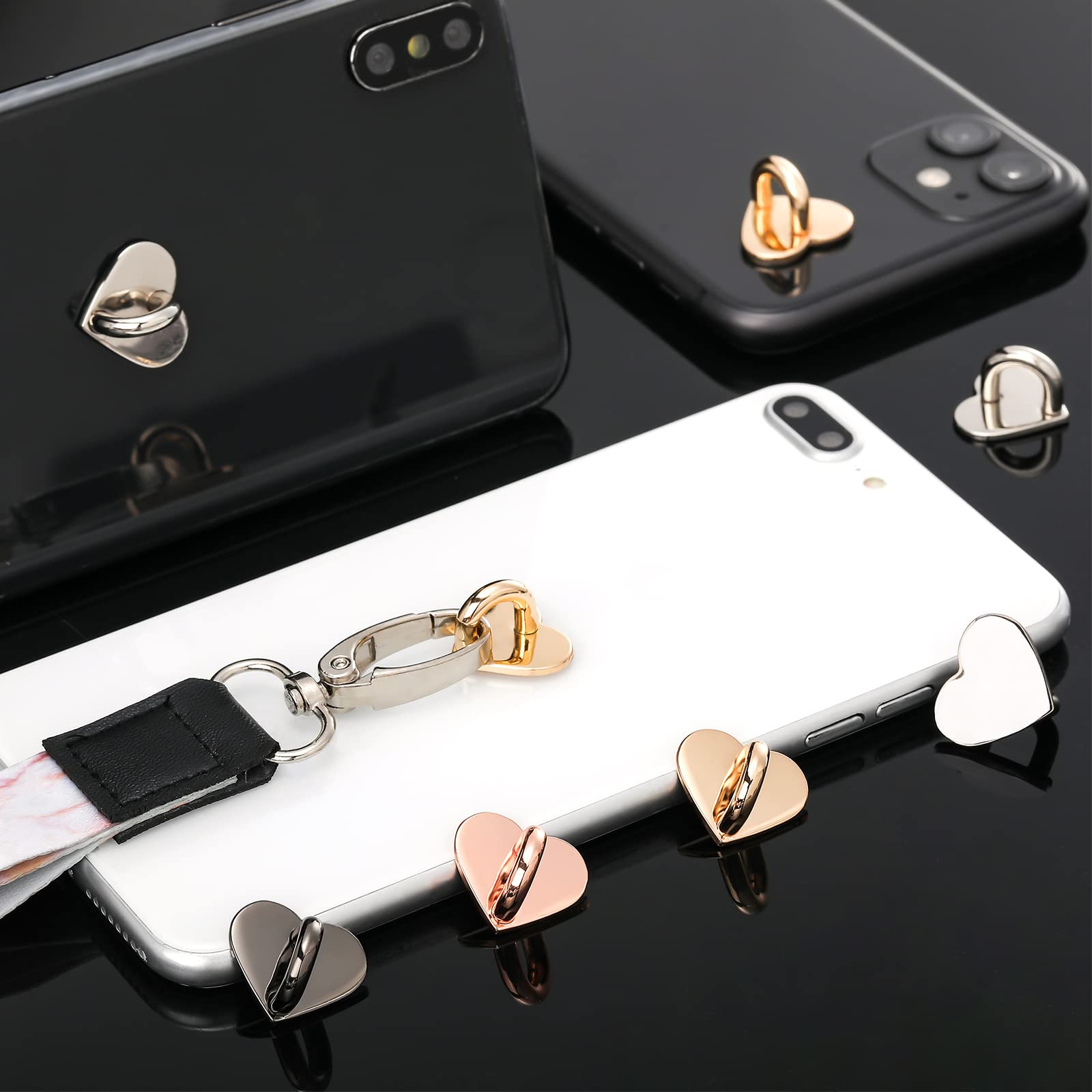 Metal Phone Finger Ring Grips 8 Pack — Adhesive Heart Hook Loop Stand for DIY Hanging, Gold Silver Rose Gold Black
