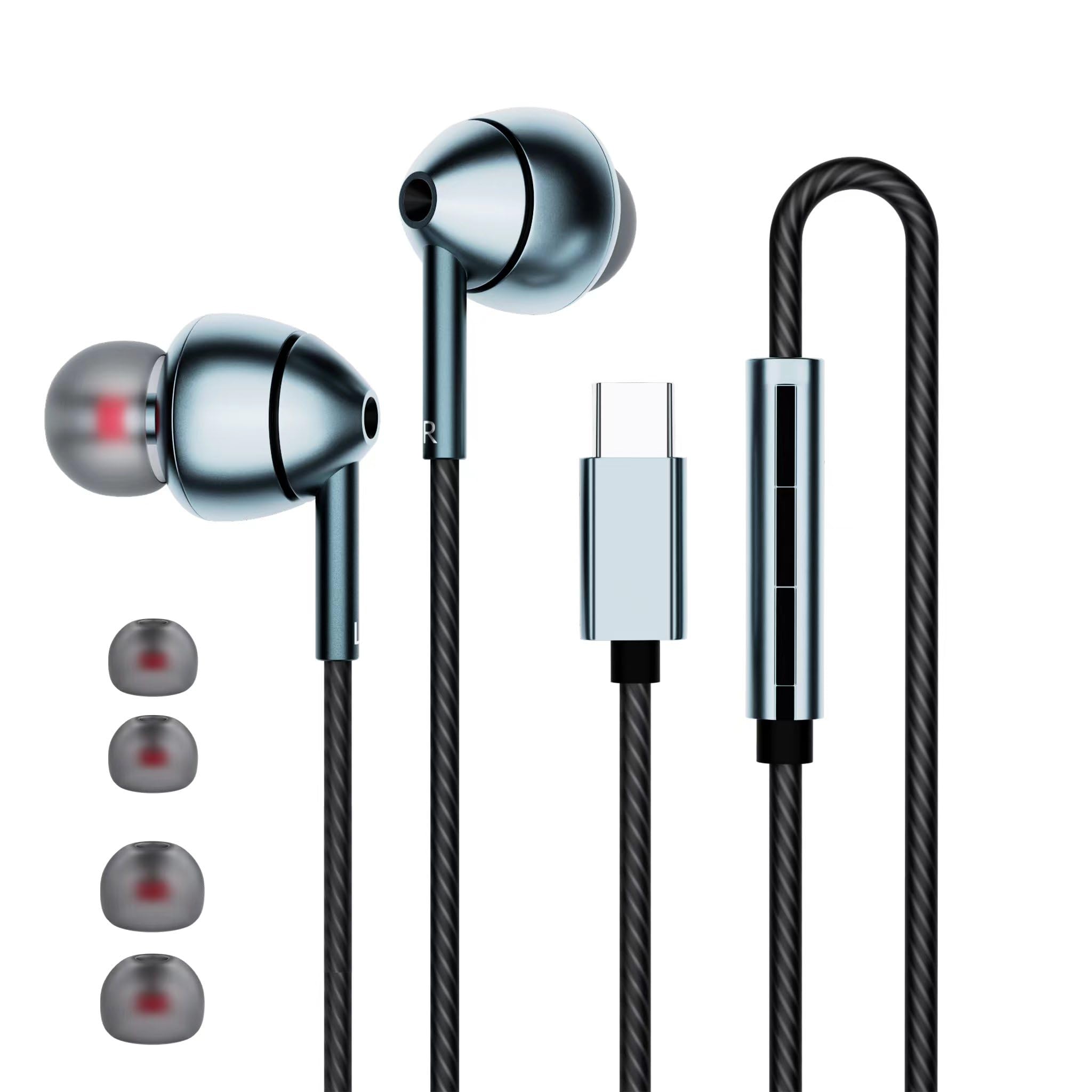 USB-C Wired Earbuds – Noise Canceling, Volume Control & Mic for iPhone 17/16/15, Samsung Galaxy S24/S23 & Pixel