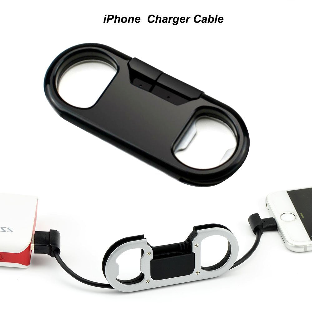 iPhone Lightning Keychain Charging Cable — Carabiner Bottle Opener Short Cable Gift, Black