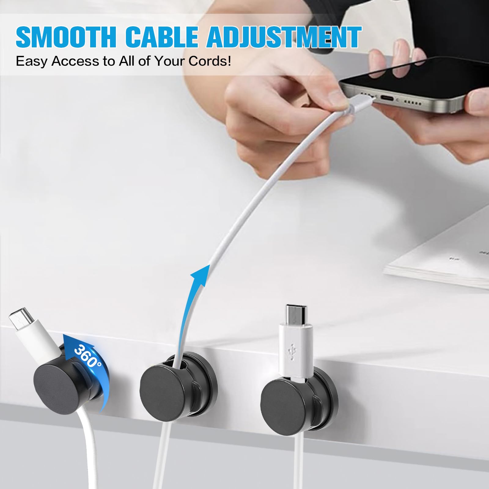 Spring Cable Clips 6 Pack — 360° Rotatable Cord Organizer Adhesive Wire Management for Desk, Home & Office