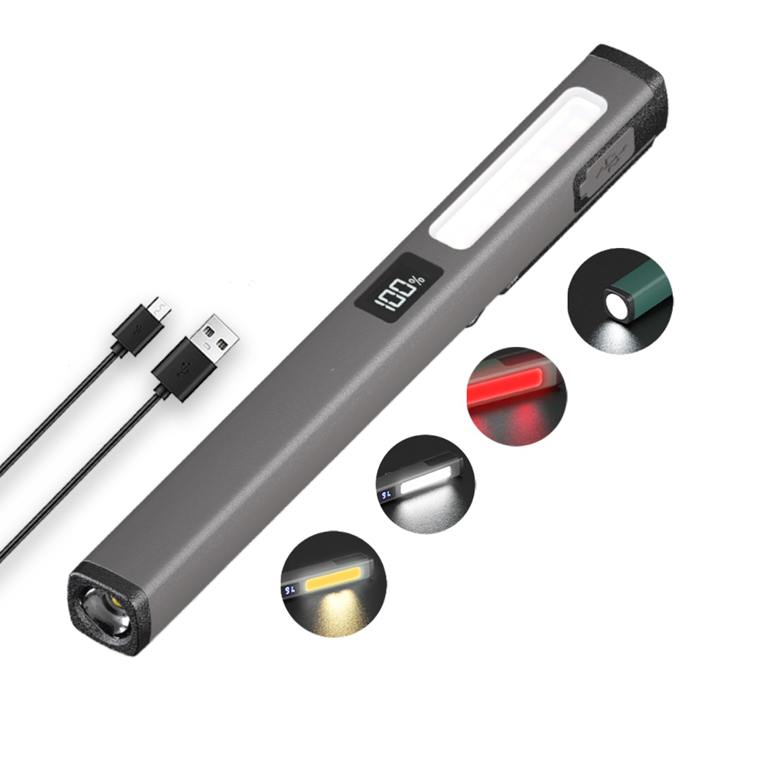 Rechargeable Pen Flashlight with COB Work Light — 6 Modes, LCD Display, USB-C Charge, Pocket LED, Grey