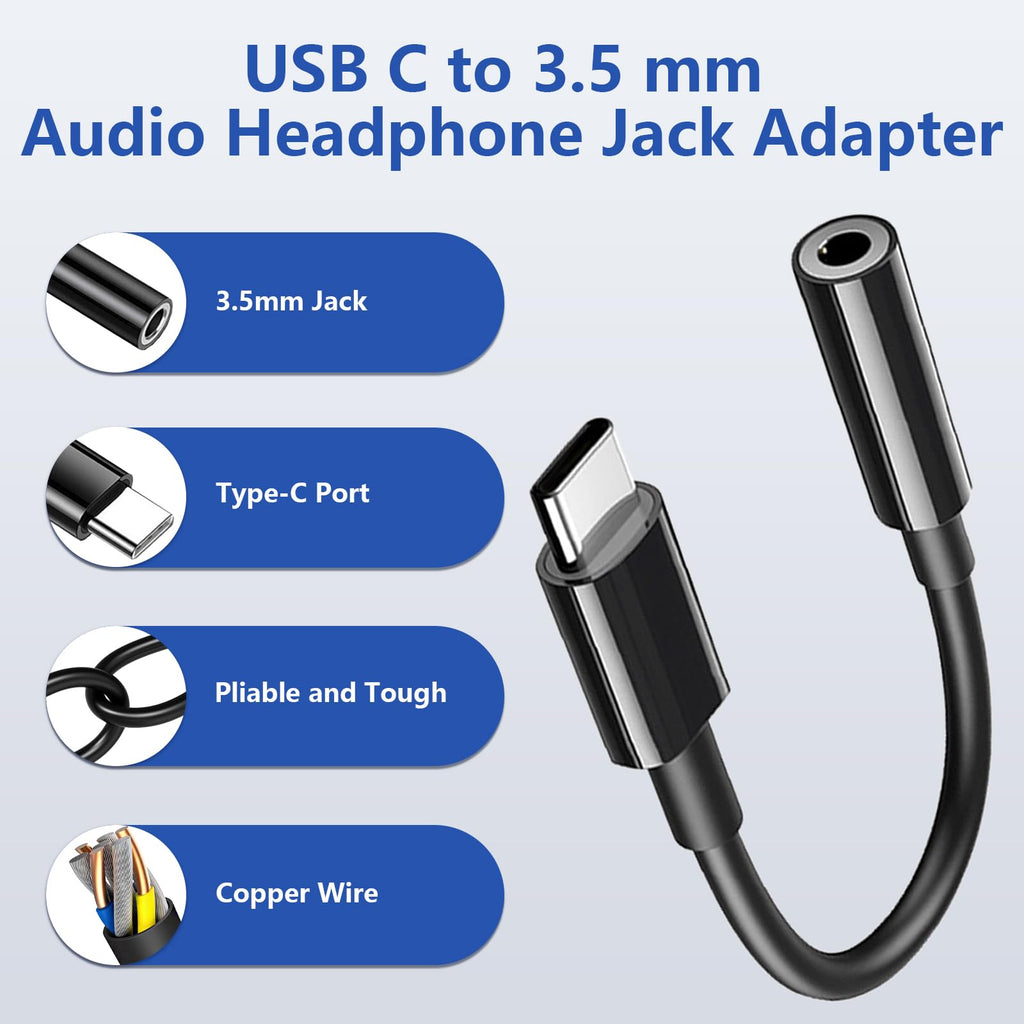 USB-C to 3.5mm Headphone Adapter 3 Pack — DAC Audio Dongle for iPhone 16/15, Samsung Galaxy & All USB-C Devices, Black