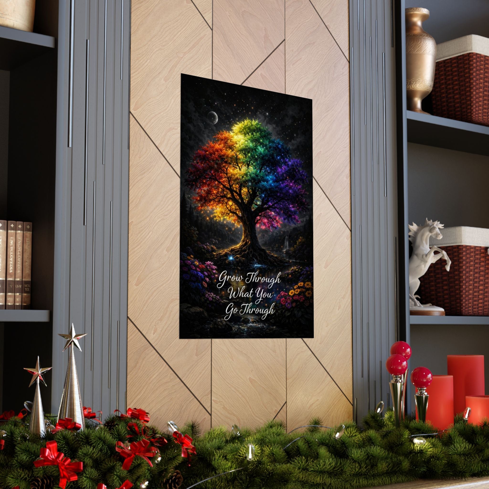 Inspirational Rainbow Tree Poster — "Grow Through What You Go Through" Matte Vertical Print