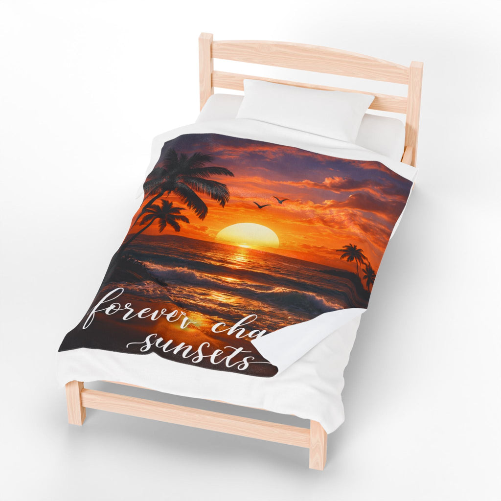 Velveteen Plush Blanket — "Forever Chasing Sunsets" Tropical Sunset Throw