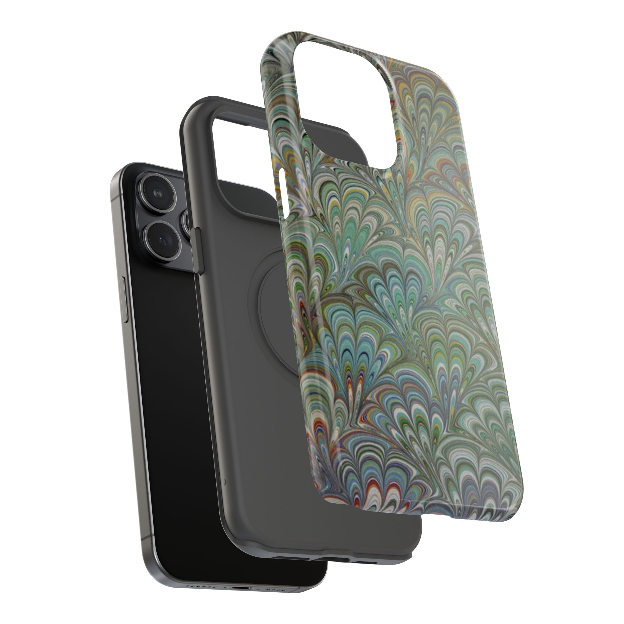 iPhone17 + All Models Phone Cases, Italian Peacock Feather Design, Stylish Impact-Resistant Shell, Protective Cover, Green Peacock Print