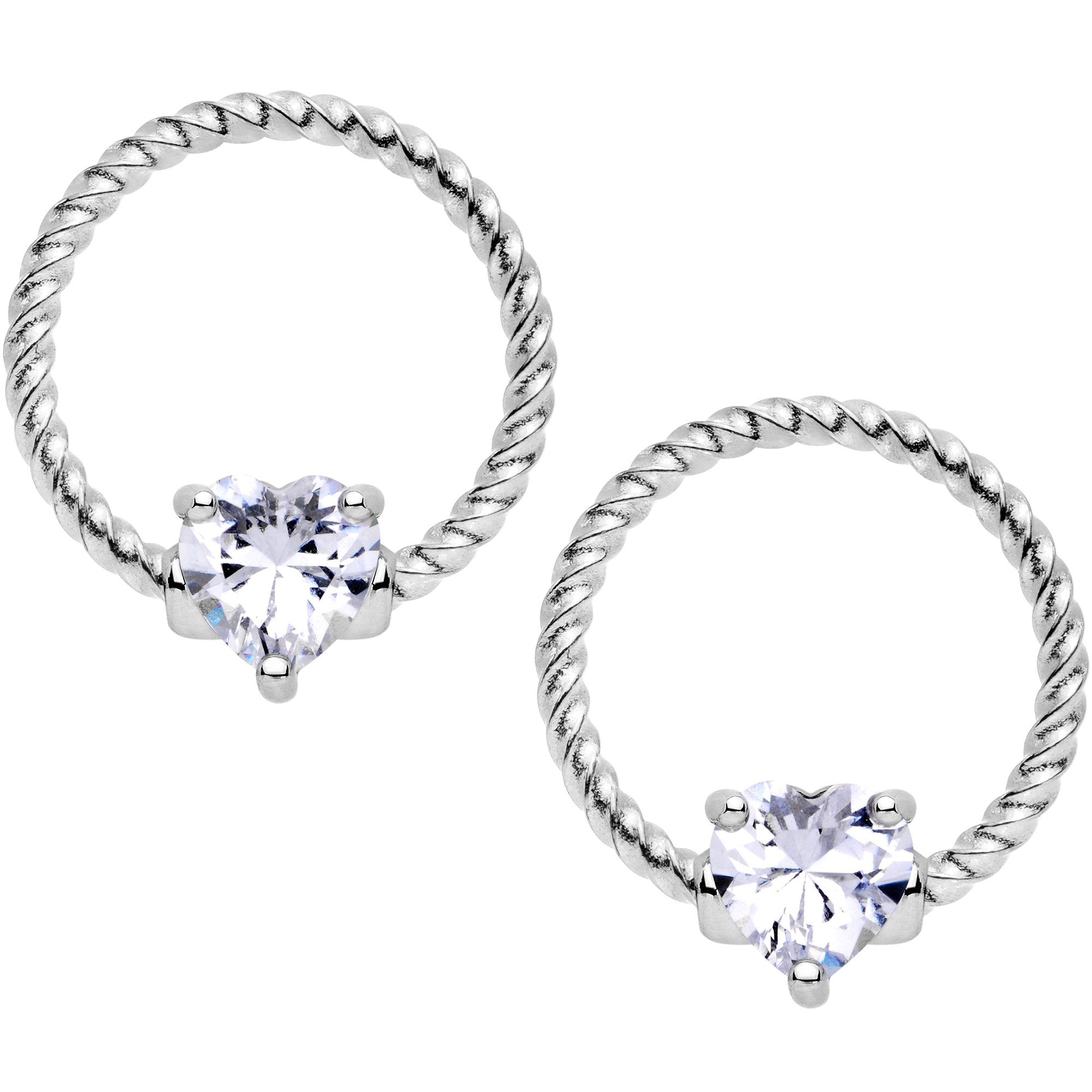 14G Clear CZ Gem Heart Twisted BCR Ring Barbell Nipple Ring Set