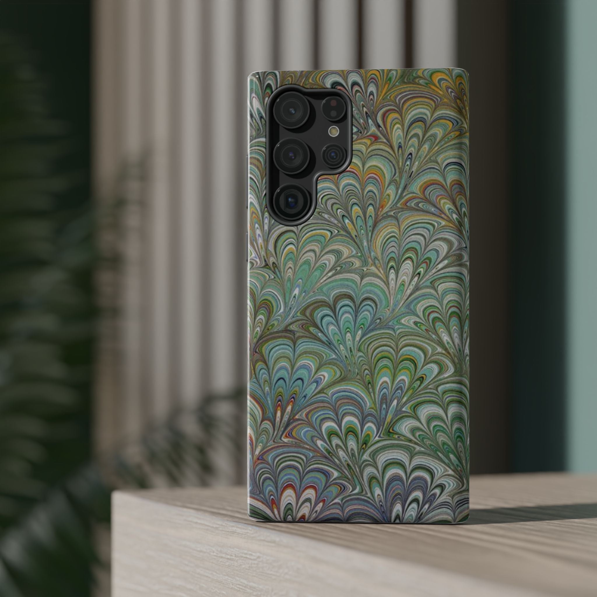 iPhone17 + All Models Phone Cases, Italian Peacock Feather Design, Stylish Impact-Resistant Shell, Protective Cover, Green Peacock Print