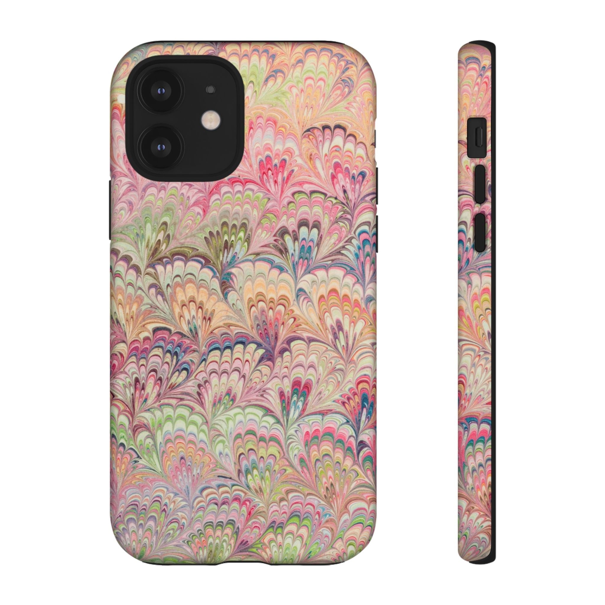 Pastel Pink + Green Feather Marbled Phone Case - Dual Layer Phone Cover