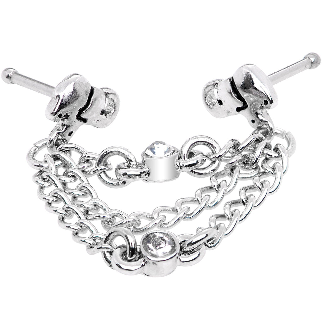 20G 1/4 Clear Gem Elephant Chain Dangle Double Nose Bone