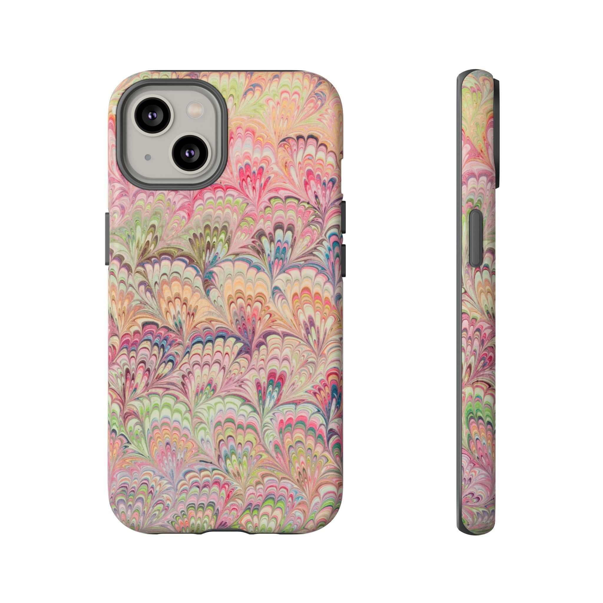 Pastel Pink + Green Feather Marbled Phone Case - Dual Layer Phone Cover