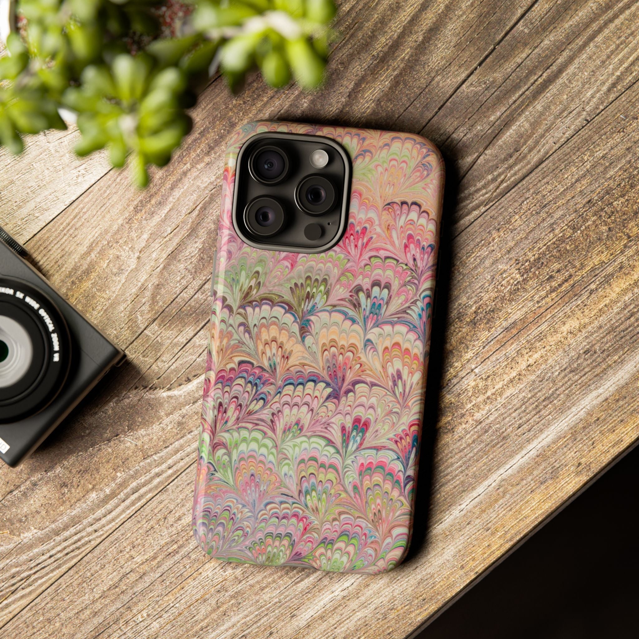 Pastel Pink + Green Feather Marbled Phone Case - Dual Layer Phone Cover